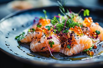 Close-up of vibrant salmon sashimi garnished with microgreens, AI generated