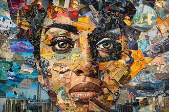 Abstract mixed media collage of a woman's face with vibrant colors and urban details, illustration,