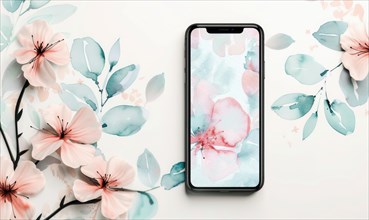 Smartphone mockup on watercolor floral patter AI generated