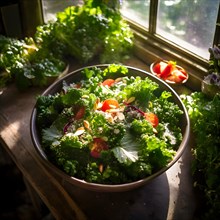 Hearty kale and almond salad glistens under the morning sun inside a sun drenched greenhouse, AI