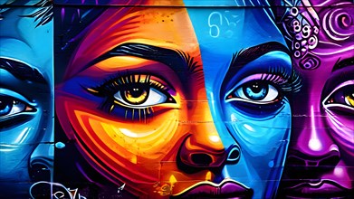 Urban wall mural diverse faces symbols of peace and equality with vibrant eye catching colors, AI