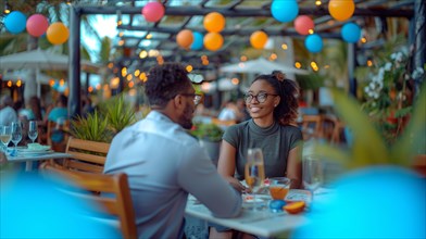 Two people having a cheerful conversation at a festive outdoor dining area with string lights, AI