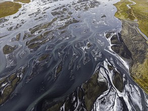 Overgrown river landscape, Eldhraun, near Kirkjubaejarklaustur, drone image, Sudurland, Iceland,
