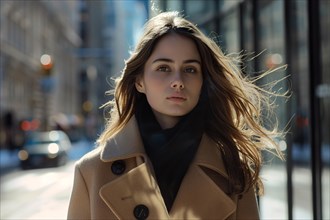 Portrait of a brunette woman in a coat with the city in the background, AI generated