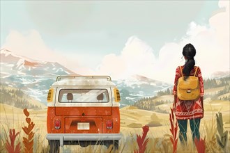Serene scene of a woman looking at mountains, standing by a red camper van, illustration, AI