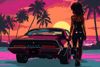 Illustrated retro car parked by the beach with palm trees and sunset background, illustration, AI