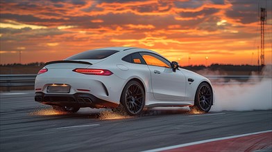 White sports car drifting on a racetrack with a beautiful sunset in the background, AI generated