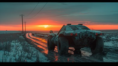 Rugged off-road vehicle tackles a muddy road in a snowy landscape at twilight, dystopian scene, AI