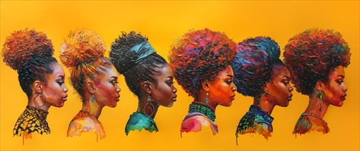 Profiles of seven women with different afro hairstyles on a vibrant orange background with dripping