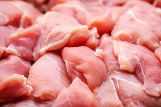 Close up of raw chicken meat pieces in butchery shop. KI generiert, generiert, AI generated