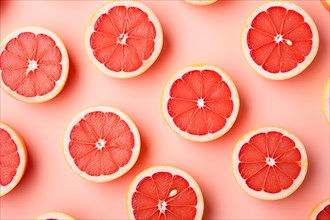 Top view of grapefruit slices on pink background. KI generiert, generiert, AI generated