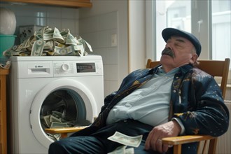 An elderly man sits asleep on a chair, surrounded by a washing machine and a mountain of banknotes,