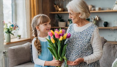 Elderly lady happily receives a bouquet of tulips from her granddaughter, AI generated, AI