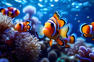 Vibrant clownfish darting through anemones, AI generated, deep sea, fish, squid, bioluminescent,