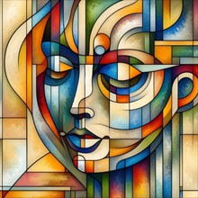 Colorful digital art piece resembling stained glass with a geometric abstract face, square aspect,