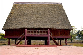 Traditional architecture of a Bahnar ethnic stilt house or Rong House in Pleiku countryside,