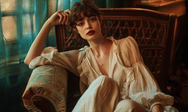 A poised woman in vintage attire sits pensively in an elegant indoor setting AI generated