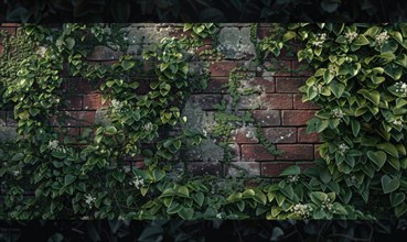 Ivy leaves crawl over a weathered brick wall, creating a natural tapestry AI generated