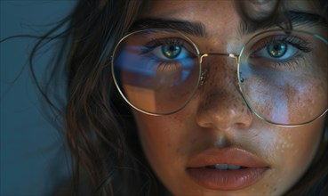 Intense gaze of a woman with freckles seen through reflective eyeglasses AI generated