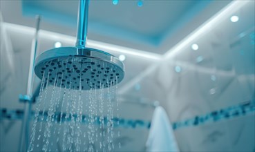 Refreshing stream of water droplets from a showerhead, emitting a blue tone AI generated