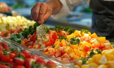 Chef preparing a colorful and fresh vegetable salad with a focus on the hands AI generated