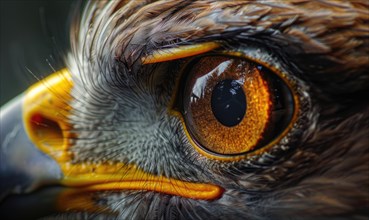 Macro shot capturing intricate detail of a bird of prey's orange eye AI generated