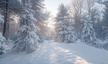 A snowy path lined by trees glistens in the morning light, creating a tranquil winter scene AI
