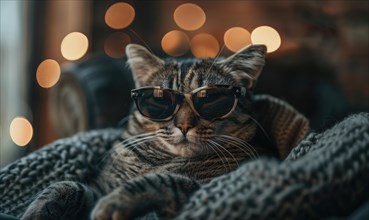 Cat relaxing on a knit blanket with sunglasses on and soft bokeh lights in the background AI