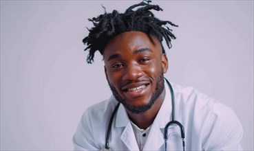 Cheerful man with dreadlocks wearing a stethoscope and white coat, smiling at the camera AI