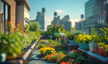 A vibrant container garden on a sunny urban rooftop with a clear blue sky AI generated
