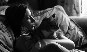 In a quiet mood, a woman holds a cat in black and white AI generated