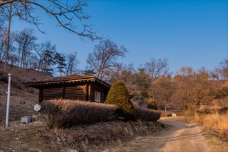Log cabin next to dirt road in mountain park on winter day under clear blue sky in Boeun, South