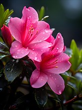 Pink azalea flowers with raindrops vibrant green springtime, AI generated