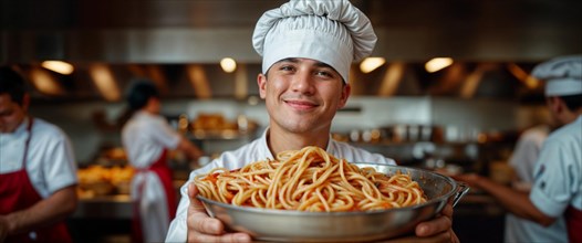 Happy young chef presenting a large bowl of pasta, displaying satisfaction with his culinary