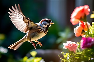 Sparrow mid take off wings outstretched amidst vibrant summer garden, AI generated