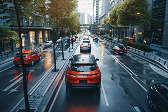 Traffic moves through city streets on a rainy day, headlights reflecting off the wet pavement, AI