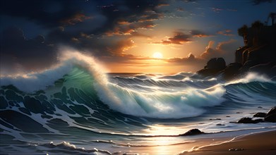 Powerful breaking wave at sunset, AI generated