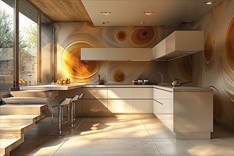A sunny modern kitchen with abstract art on the wall and a breakfast bar, AI generated