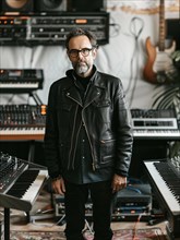 Musician in leather jacket stands among vintage synthesizers in a studio setting, AI generated