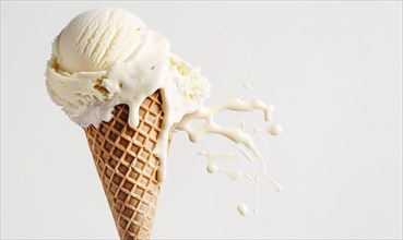 Melting ice cream cone on white background AI generated