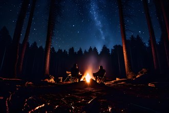 Campfire embers glowing sumptuously alive in the darkness of an unending star filled sky, AI