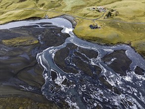 Overgrown river landscape, Fjallabak Nature Reserve, drone shot, Sudurland, Iceland, Europe