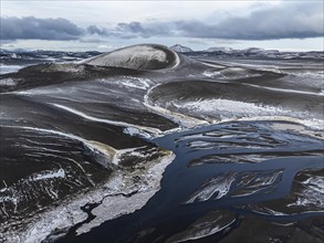 Overgrown river landscape and volcanic landscape, drone shot, Fjallabak Nature Reserve, Sudurland,