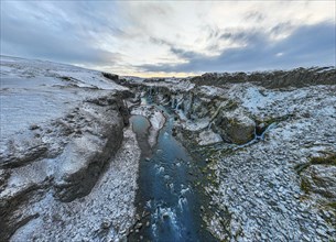 Hrauneyjarfoss waterfalls, drone shot, Sudurland, Iceland, Europe