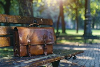 A leather briefcase on a park bench, highlighting professional craftsmanship and solitude, AI