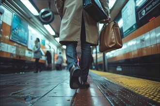 Person walking in a subway station, capturing the motion of city life, AI generated