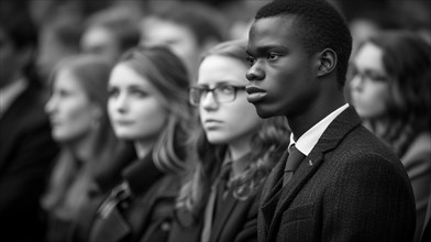 A serious young elegant black man stands out in a focused, diverse young crowd, AI generated