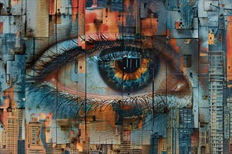 An abstract artwork combining an eye detail with urban cityscape collage elements, illustration, AI