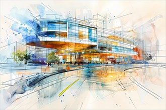Dynamic and vibrant illustration of a modern urban commercial architecture, illustration, AI