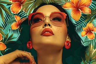 Fashion portrait of a woman with tropical flowers surrounding her and vibrant pink sunglasses,
